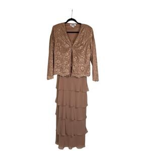 Patra Women's 2 Piece Floral Lace Jacket Layered Maxi Dress Size 12 Taupe NWOT